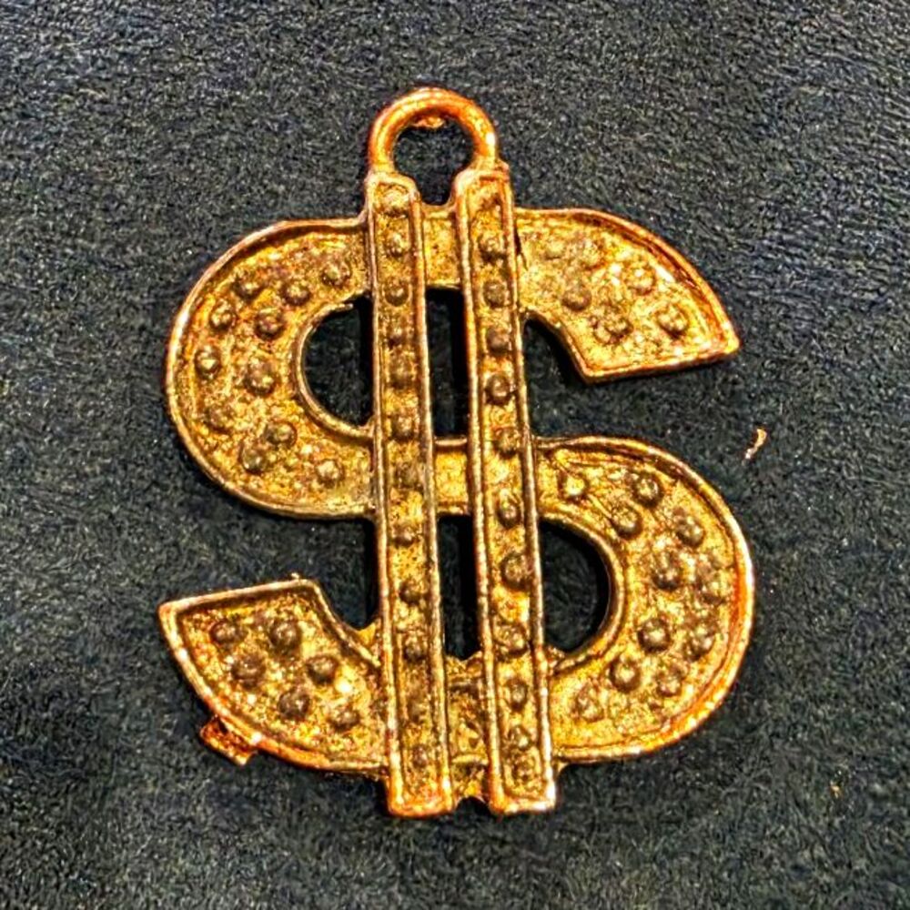 Gold Tone Dollar Sign Charm Pendant Necklace No Stone Coins & Money Theme